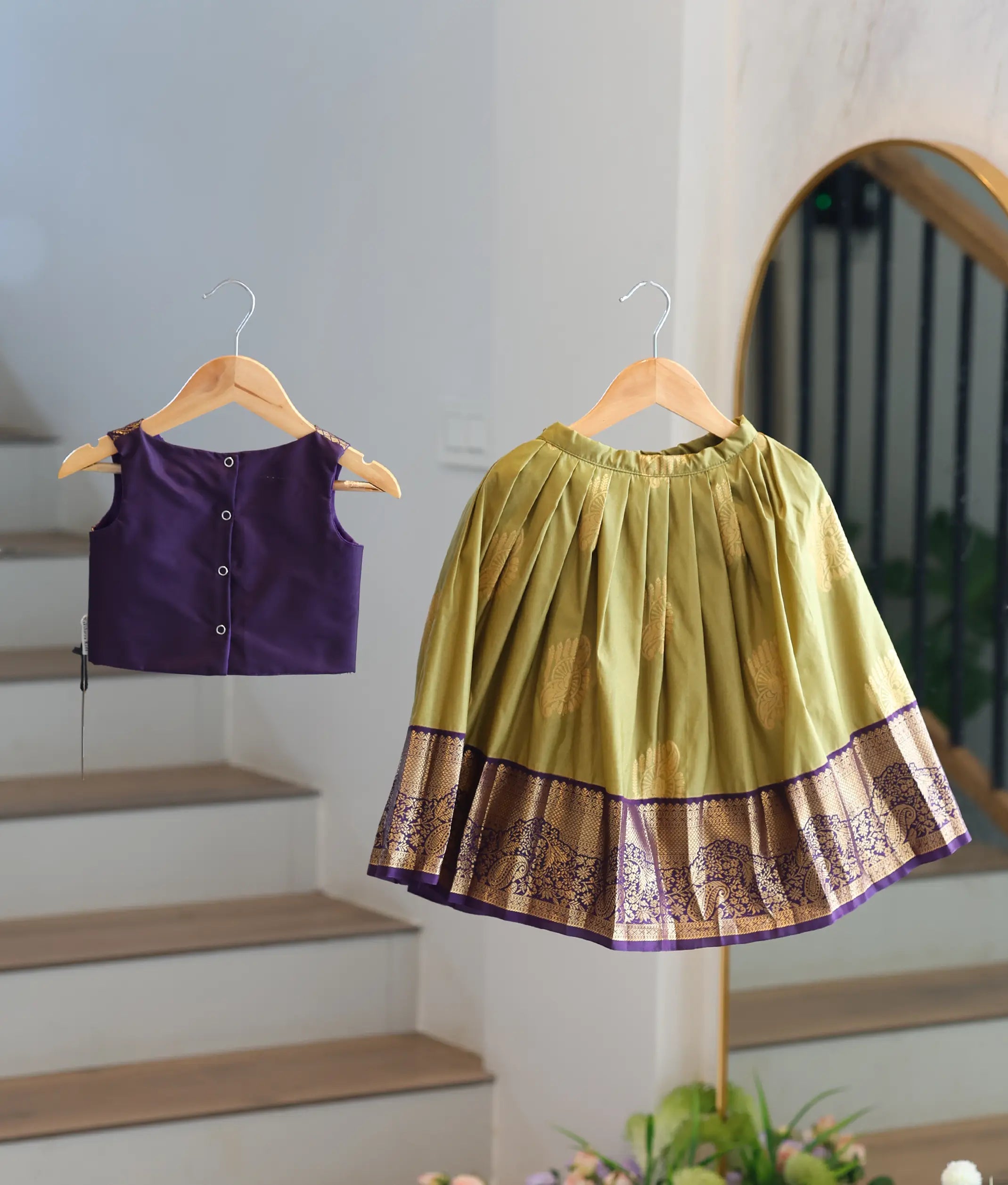 Purple And Pista Green Kanchipuram Skirt and Top for Baby Girl [6519]