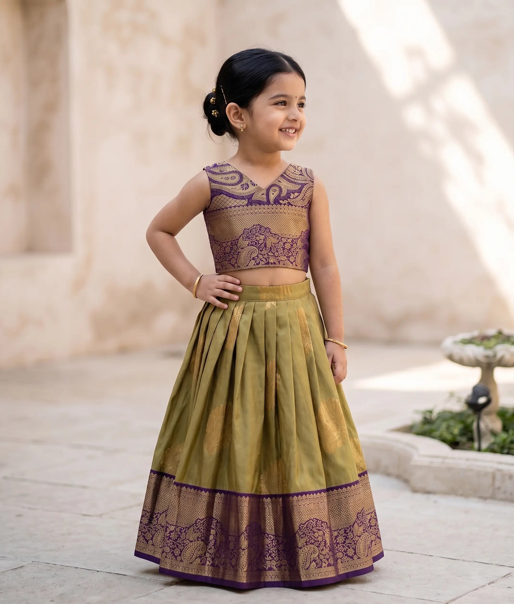 Purple And Pista Green Kanchipuram Skirt and Top for Baby Girl [6519]