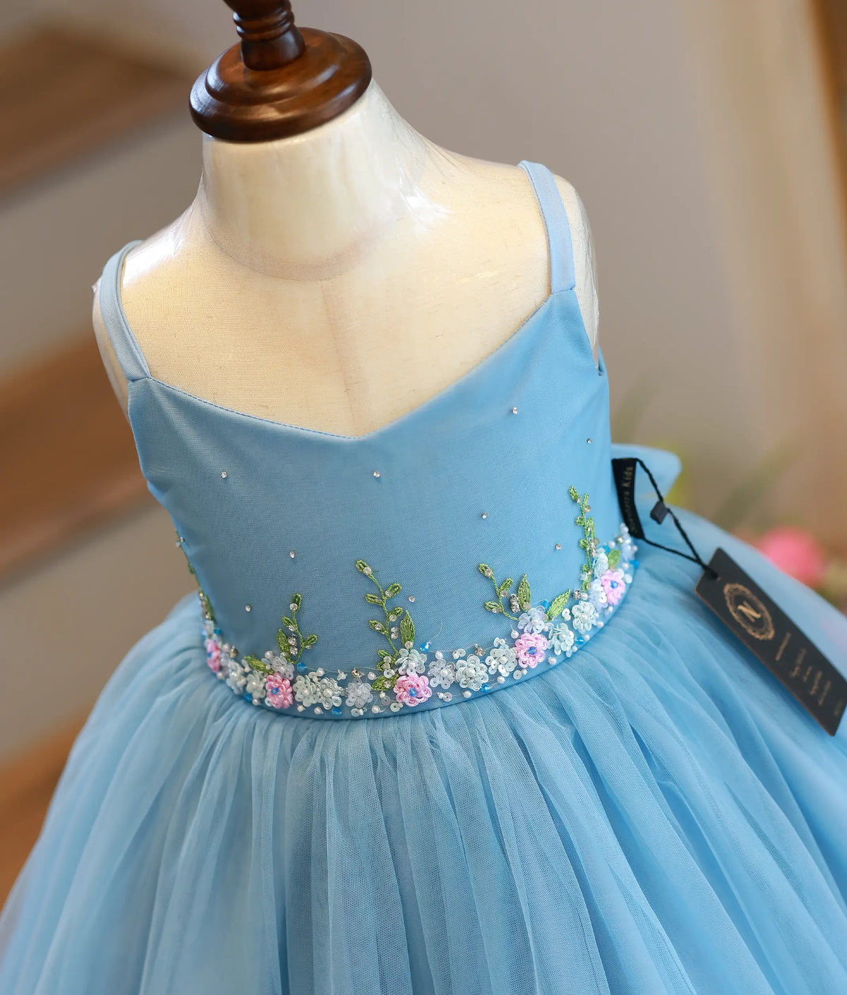 Light Blue Tulle Net Handworked Birthday Frock for Baby Girl [6521]