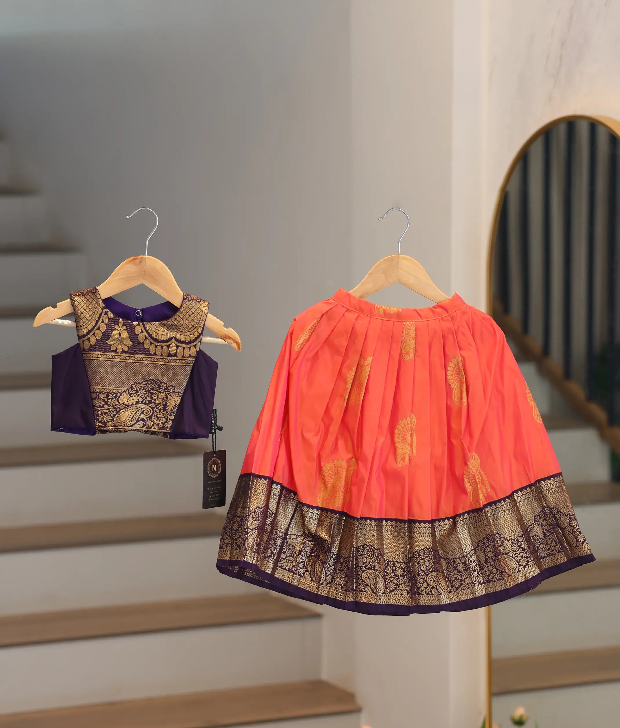 Dark Purple and Coral Kanchipuram Silk Skirt and Top for Baby Girl [6523]