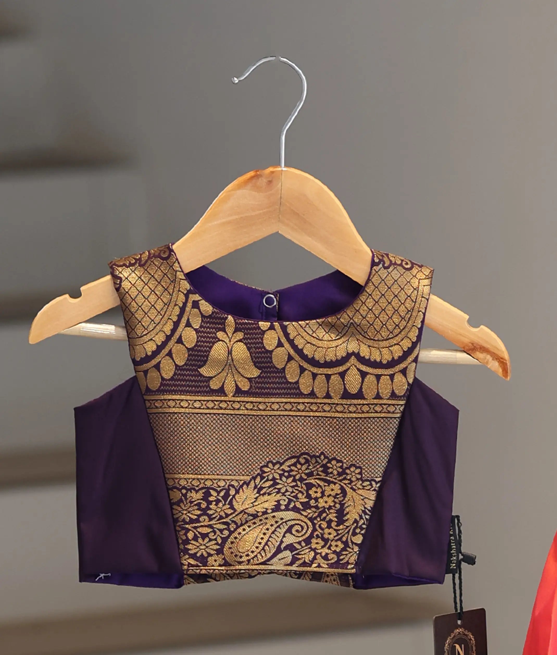 Dark Purple and Coral Kanchipuram Silk Skirt and Top for Baby Girl [6523]