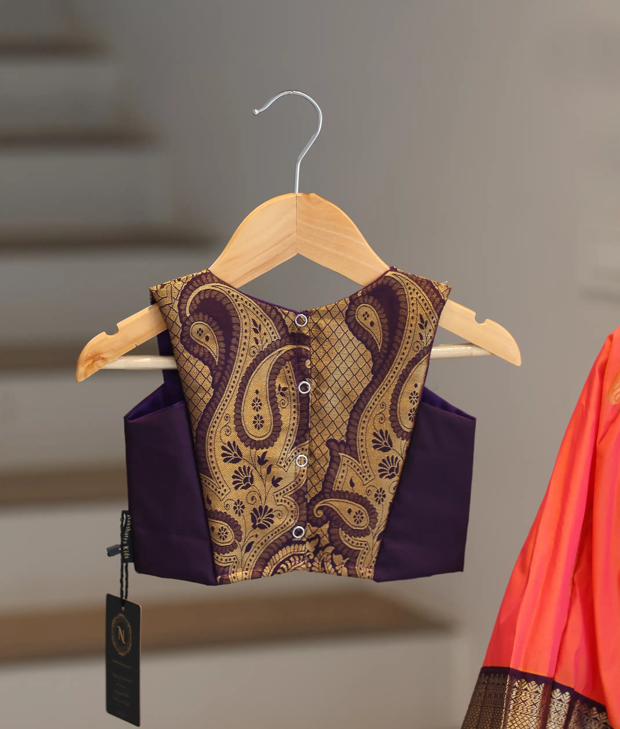Dark Purple and Coral Kanchipuram Silk Skirt and Top for Baby Girl [6523]