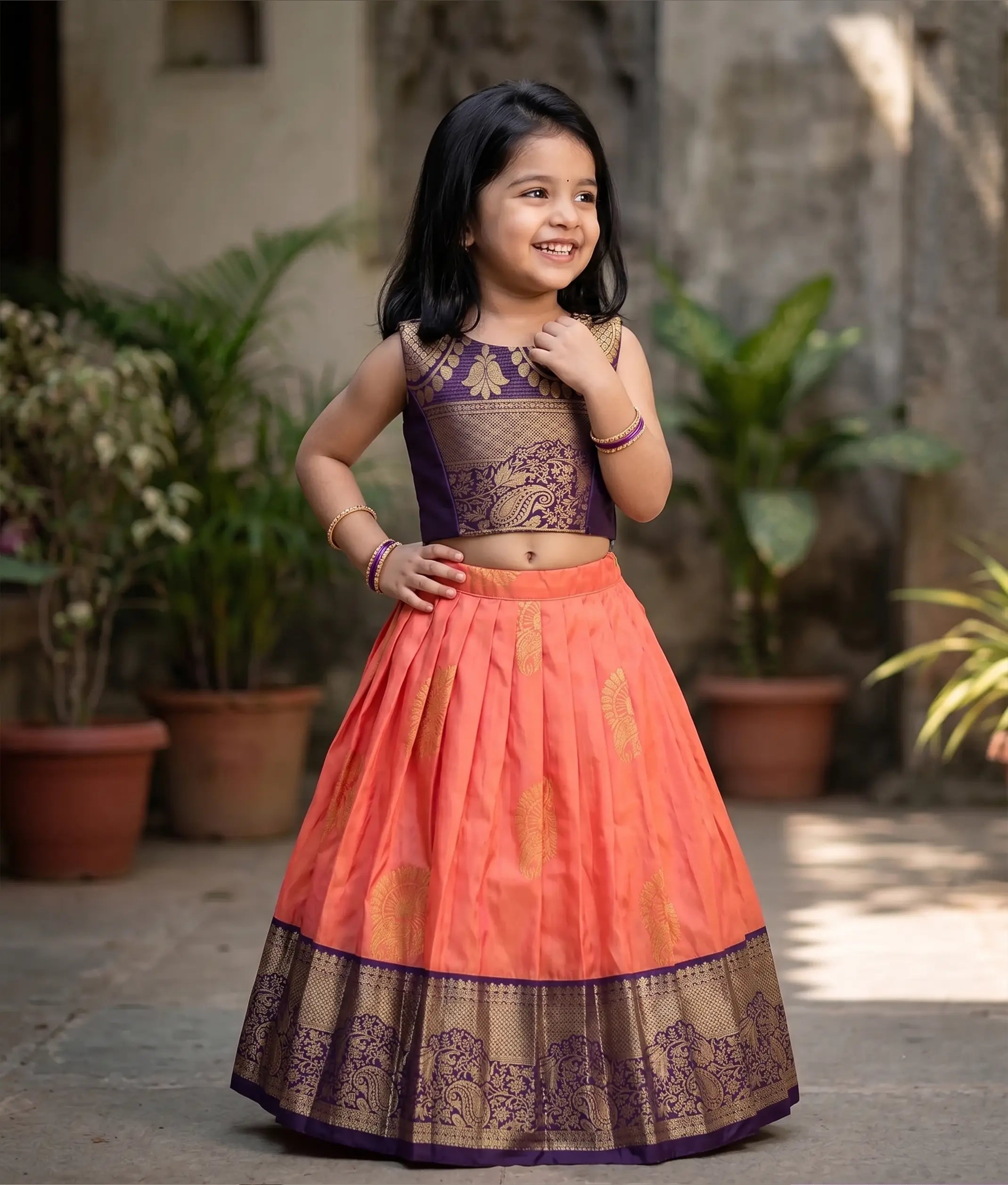 Dark Purple and Coral Kanchipuram Silk Skirt and Top for Baby Girl [6523]