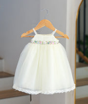 Off-White Tulle Net  embroidered Baptism Gown For Baby Girl [6527]