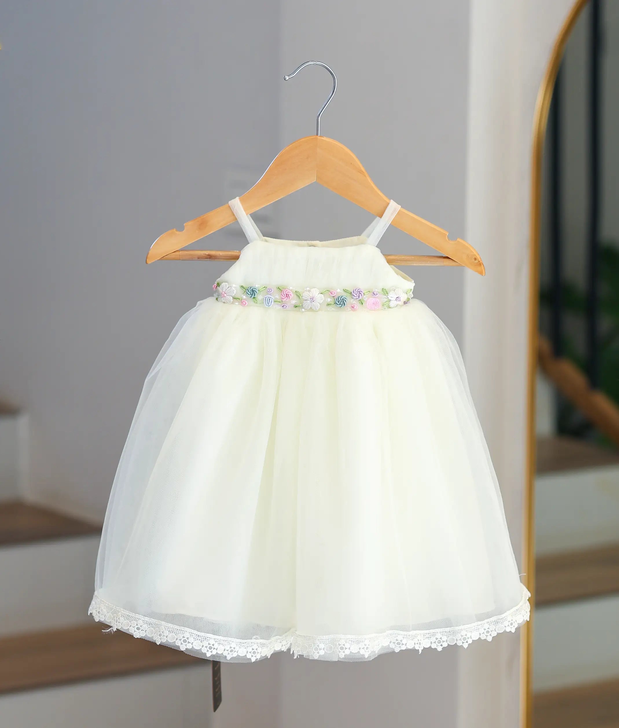 Off-White Tulle Net  embroidered Baptism Gown For Baby Girl [6527]
