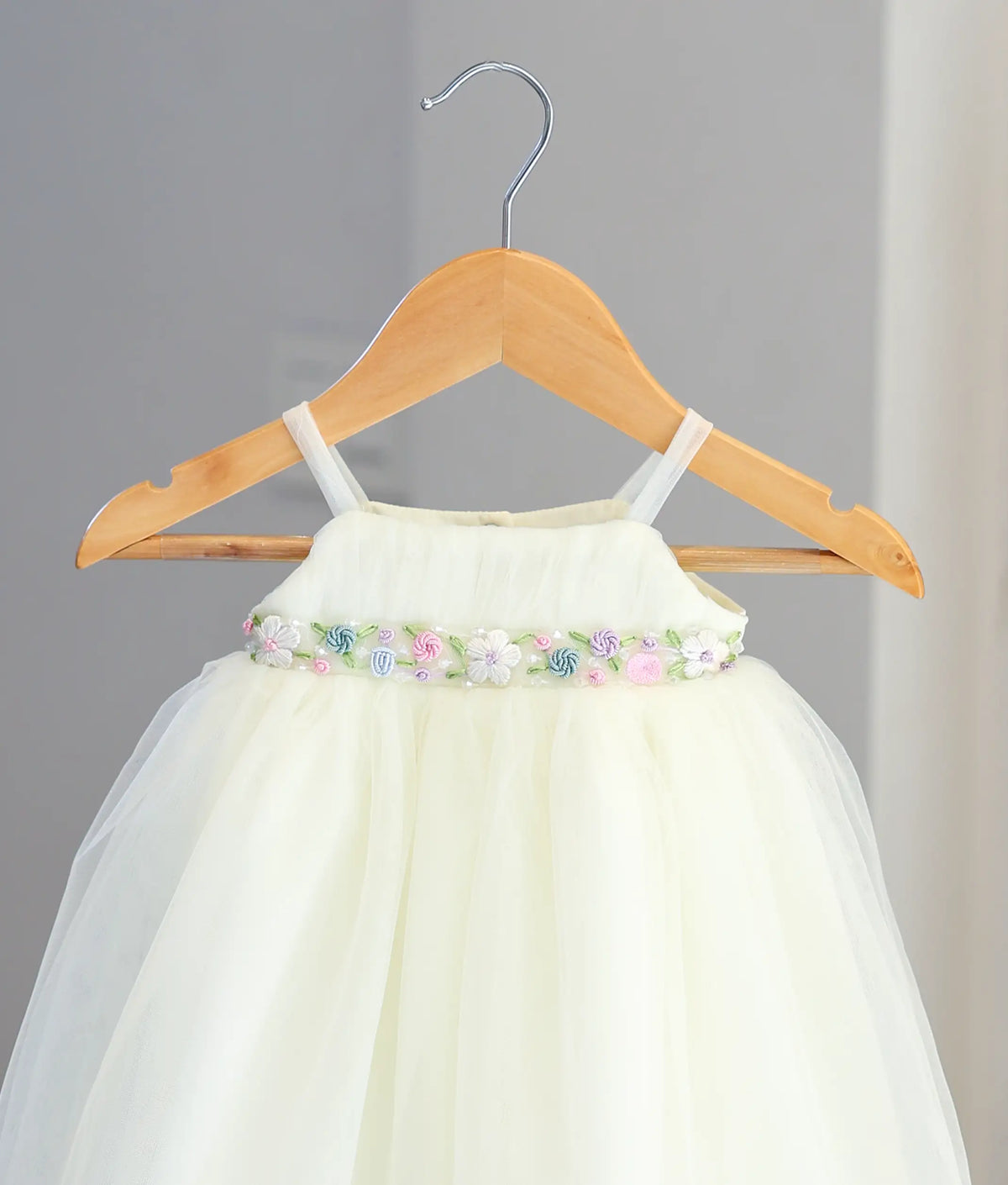 Off-White Tulle Net  embroidered Baptism Gown For Baby Girl [6527]