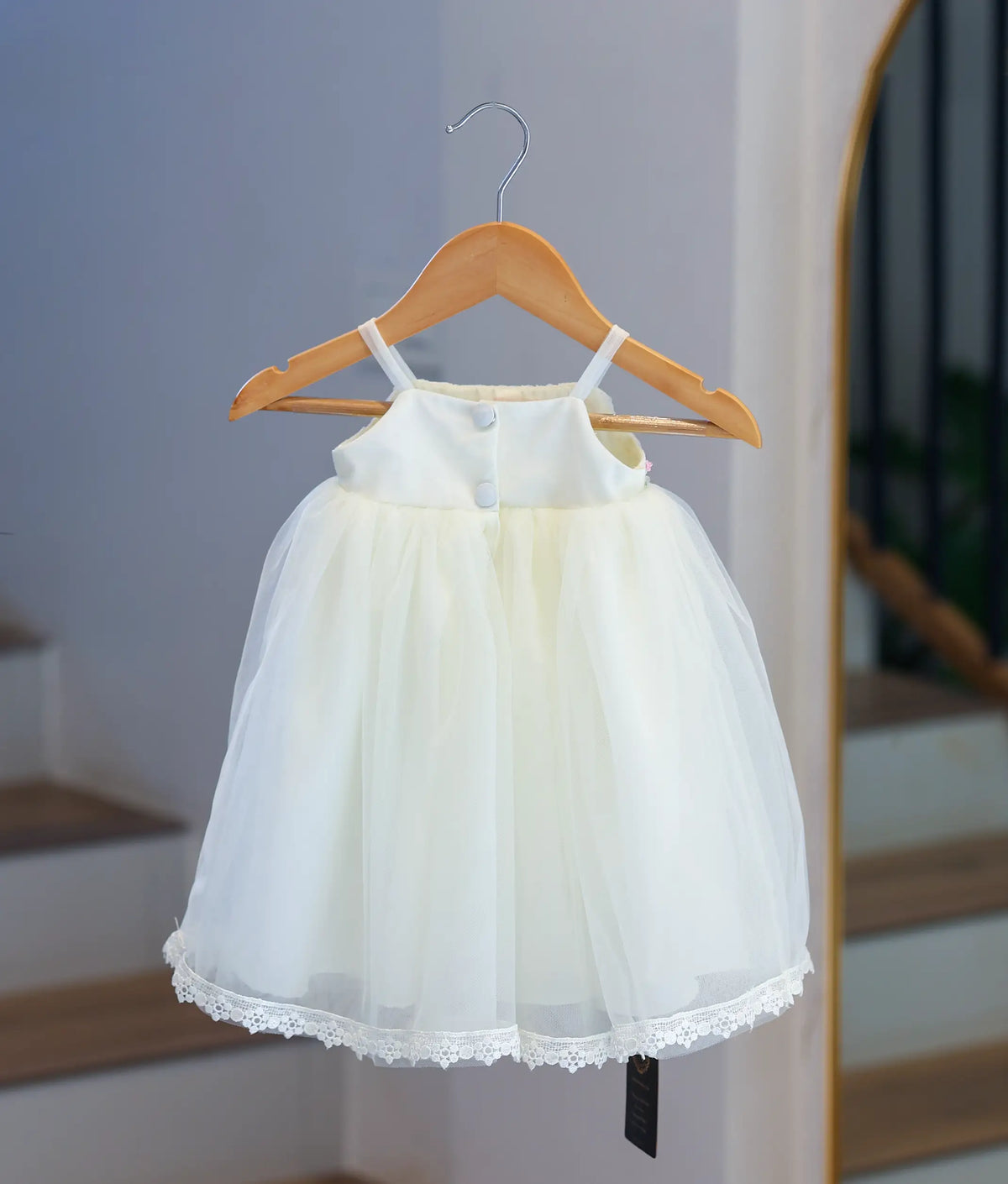 Off-White Tulle Net  embroidered Baptism Gown For Baby Girl [6527]