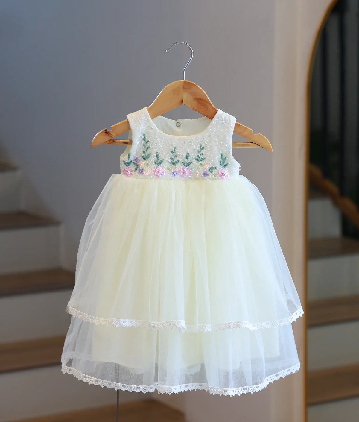 Off-White Tulle Net Handworked Baptism Gown For Baby Girl [6533]