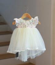 Off-White Tulle Net Handworked High-Low Baptism Frock For Baby Girl [6537]