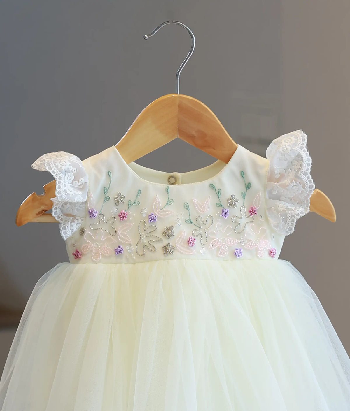 Off-White Tulle Net Handworked High-Low Baptism Frock For Baby Girl [6537]