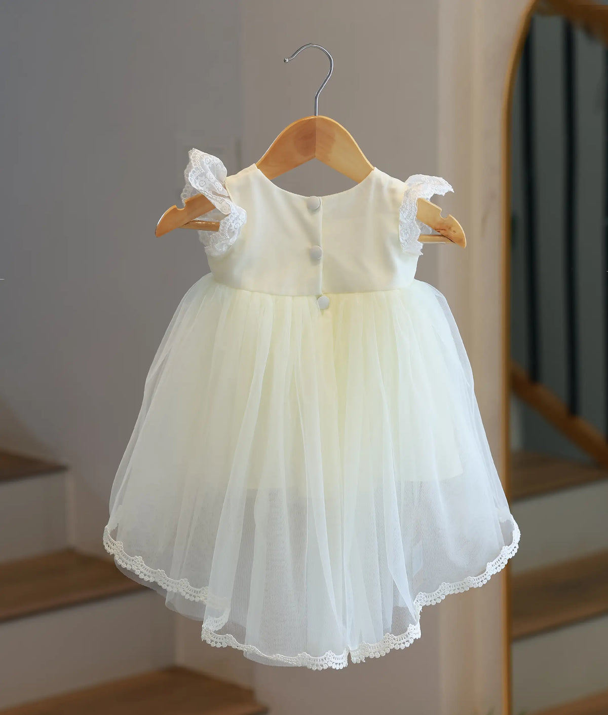 Off-White Tulle Net Handworked High-Low Baptism Frock For Baby Girl [6537]