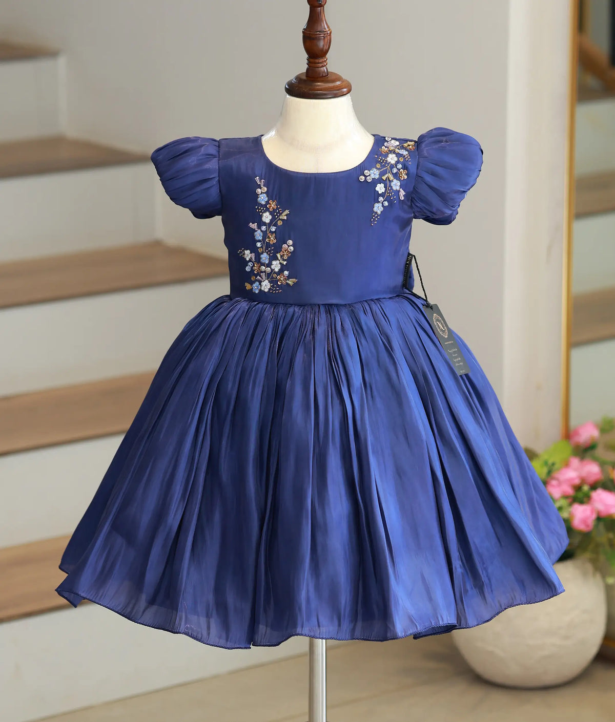 Navy Blue Laser Organza Handworked Birthday Frock for Baby Girl [6538]