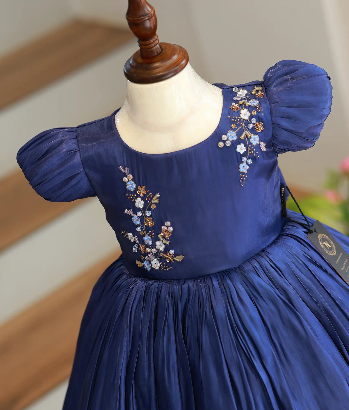 Navy Blue Laser Organza Handworked Birthday Frock for Baby Girl [6538]