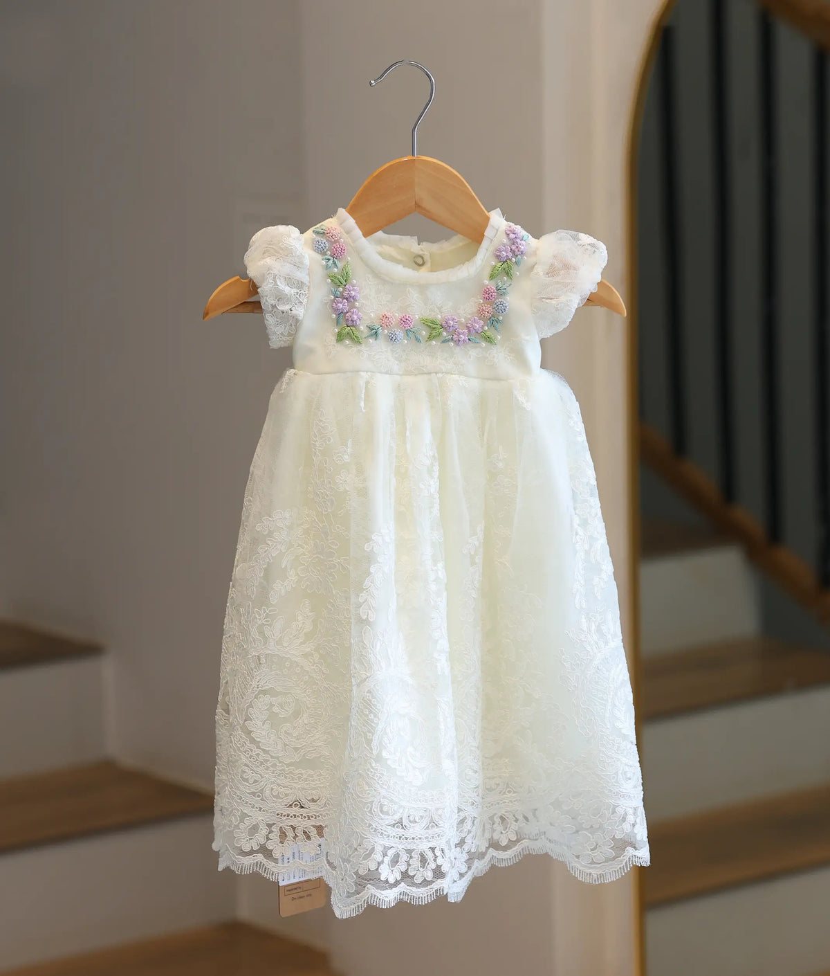 Off-White Floral Lace Material Embroidered Baptism Gown for Baby Girl [6539]