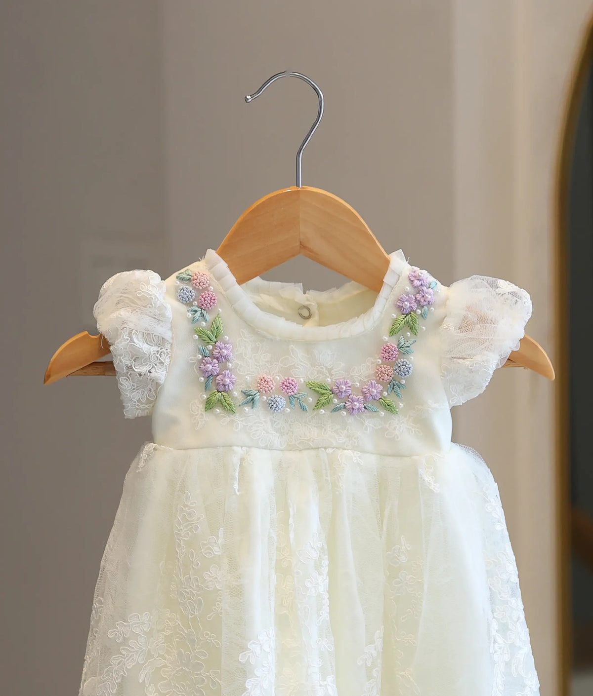 Off-White Floral Lace Material Embroidered Baptism Gown for Baby Girl [6539]