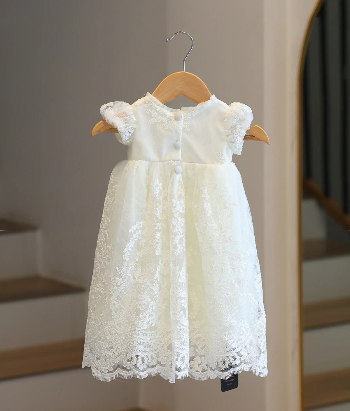 Off-White Floral Lace Material Embroidered Baptism Gown for Baby Girl [6539]