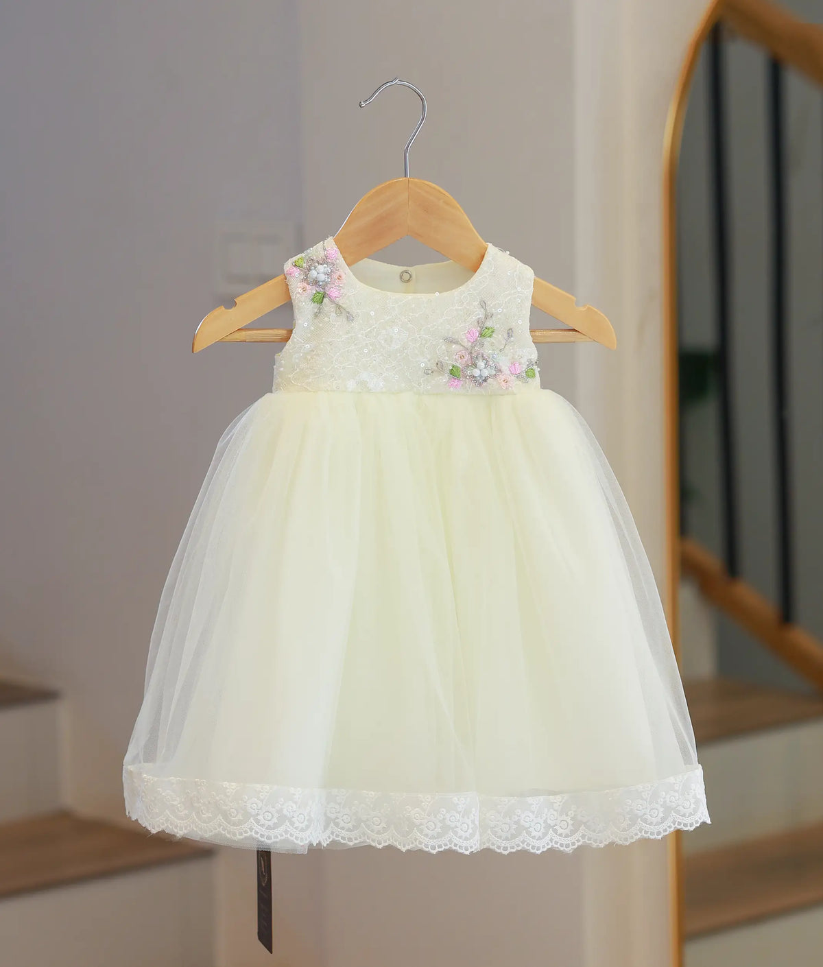 Off-White Tulle Net Handworked Baptism Gown For Baby Girl [6541]