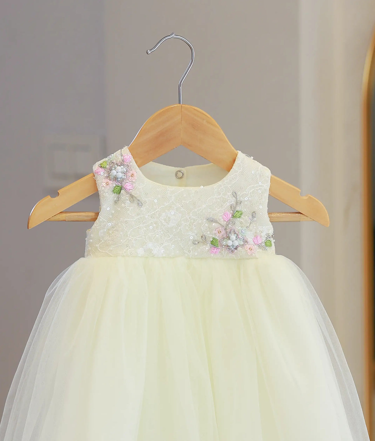 Off-White Tulle Net Handworked Baptism Gown For Baby Girl [6541]