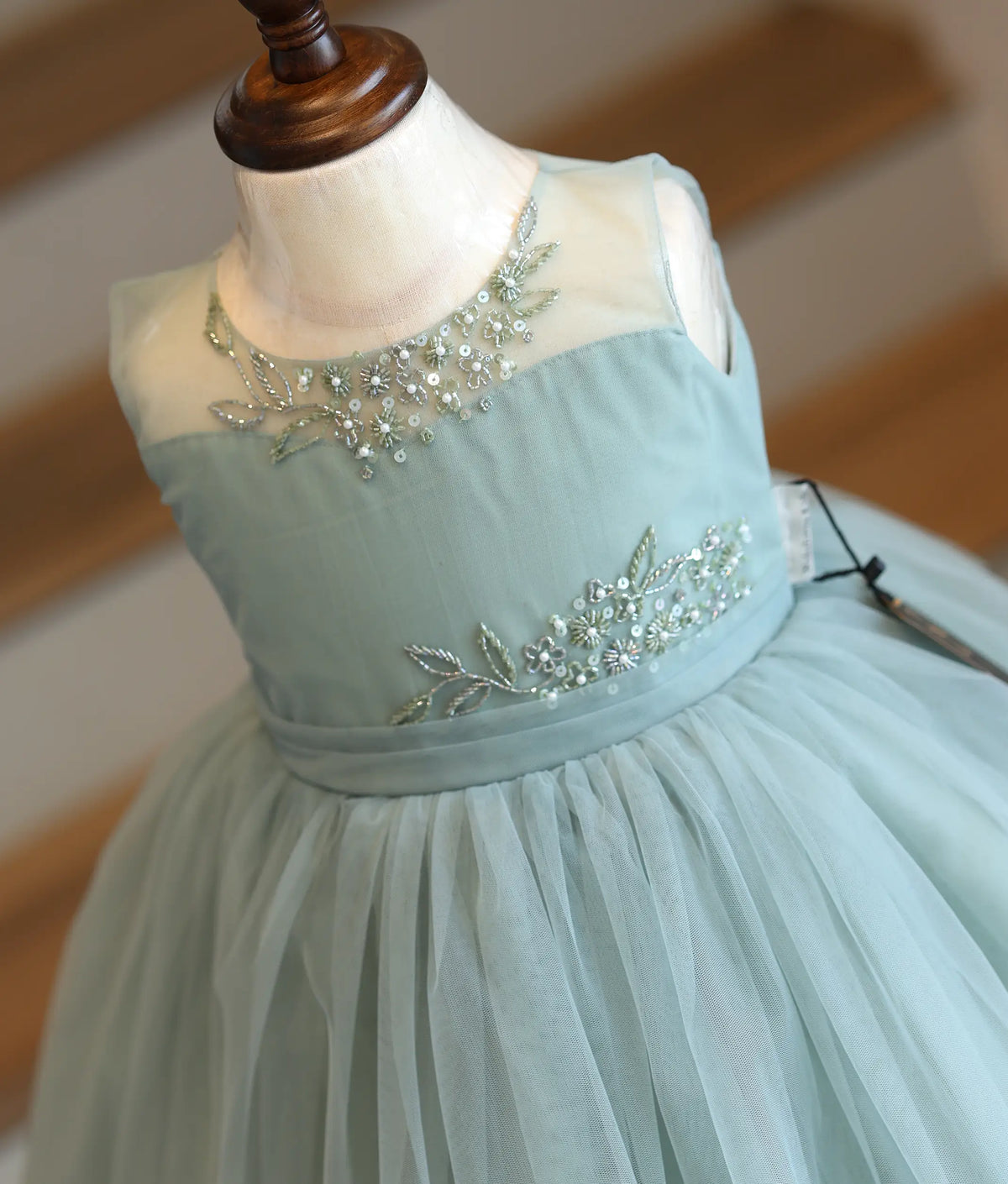 Pastel Green Tulle Net Handworked Birthday Frock for Baby Girl [6542]