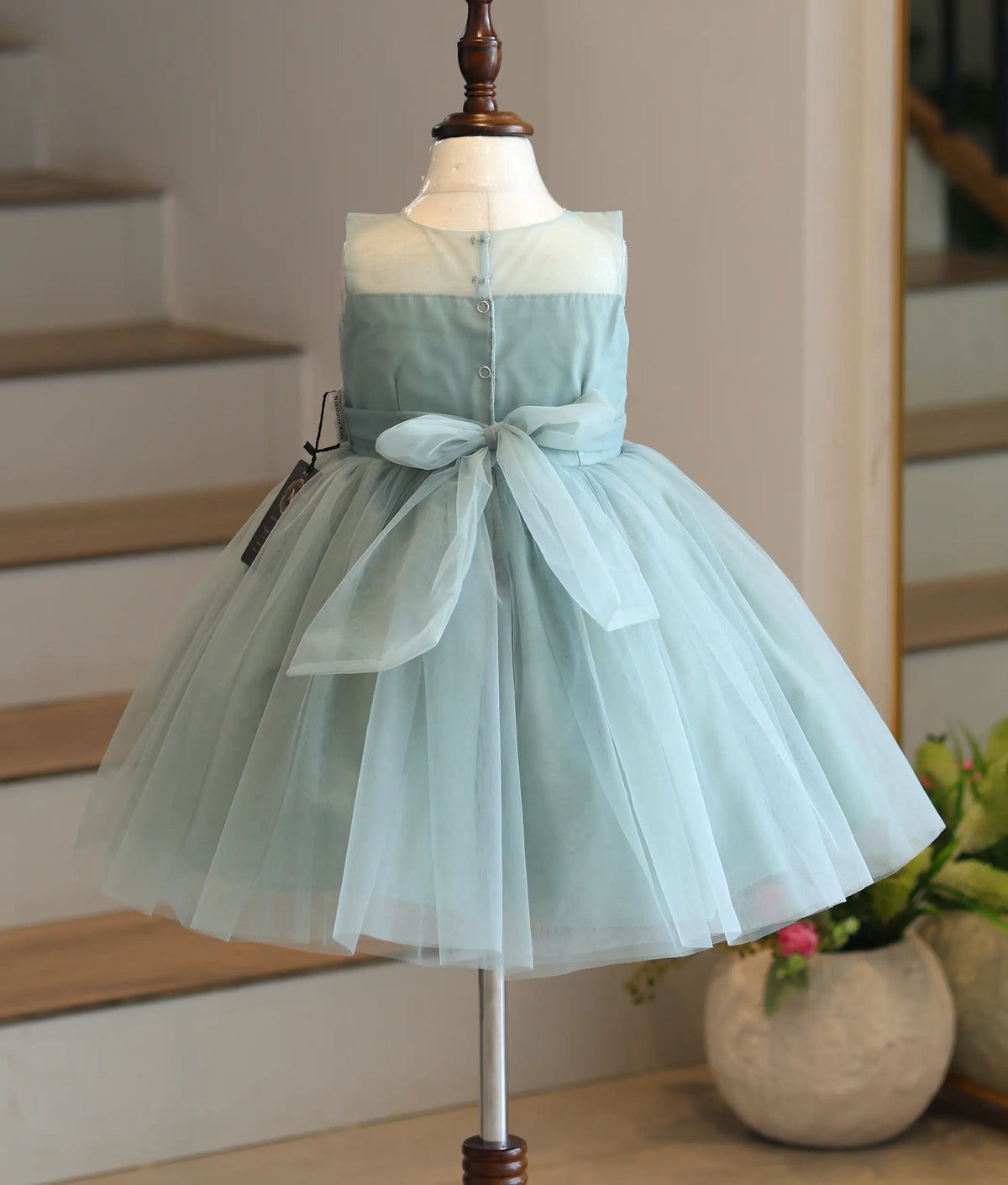 Pastel Green Tulle Net Handworked Birthday Frock for Baby Girl [6542]