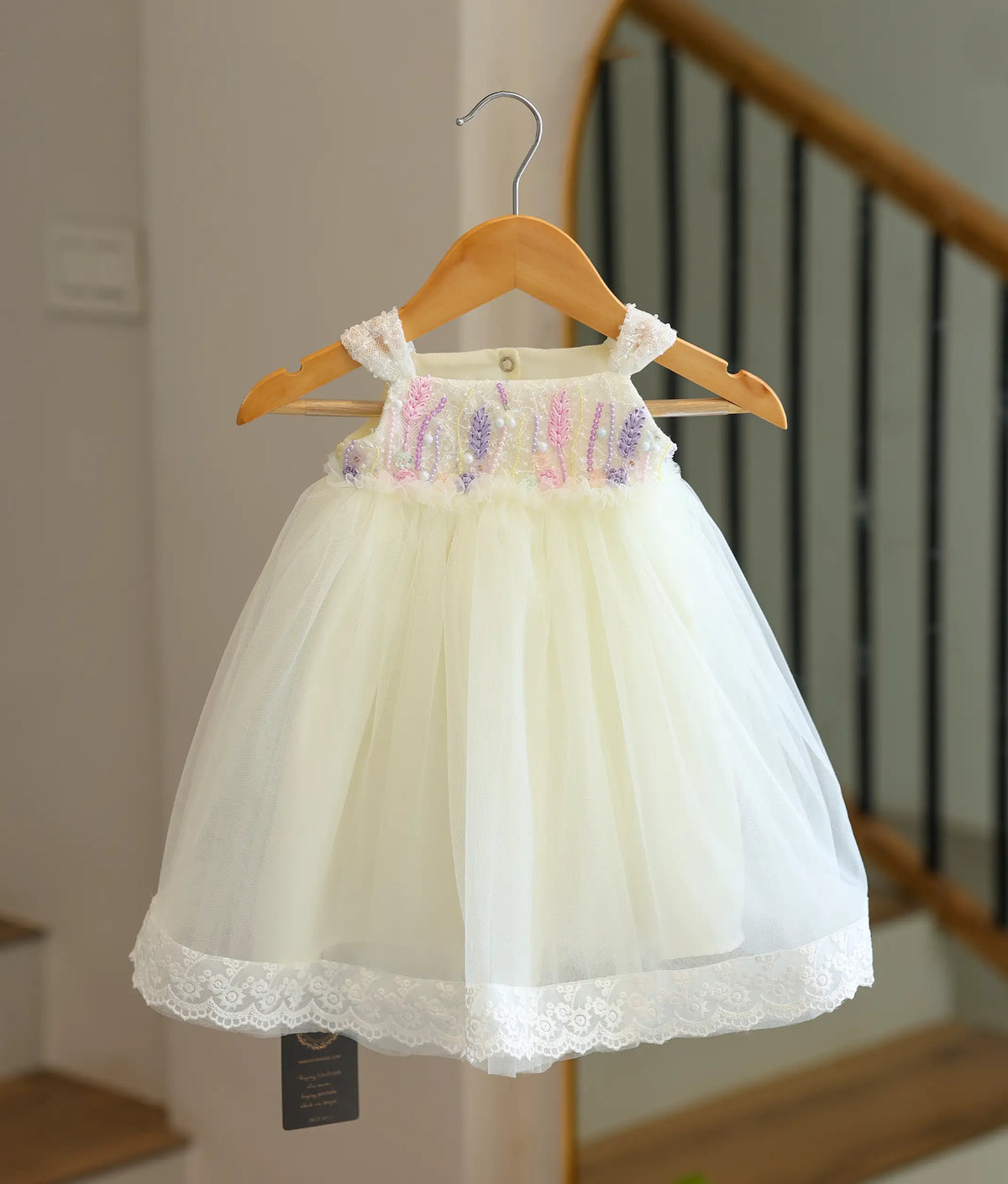 Off-White Tulle Net Handworked Baptism Gown For Baby Girl [6543]