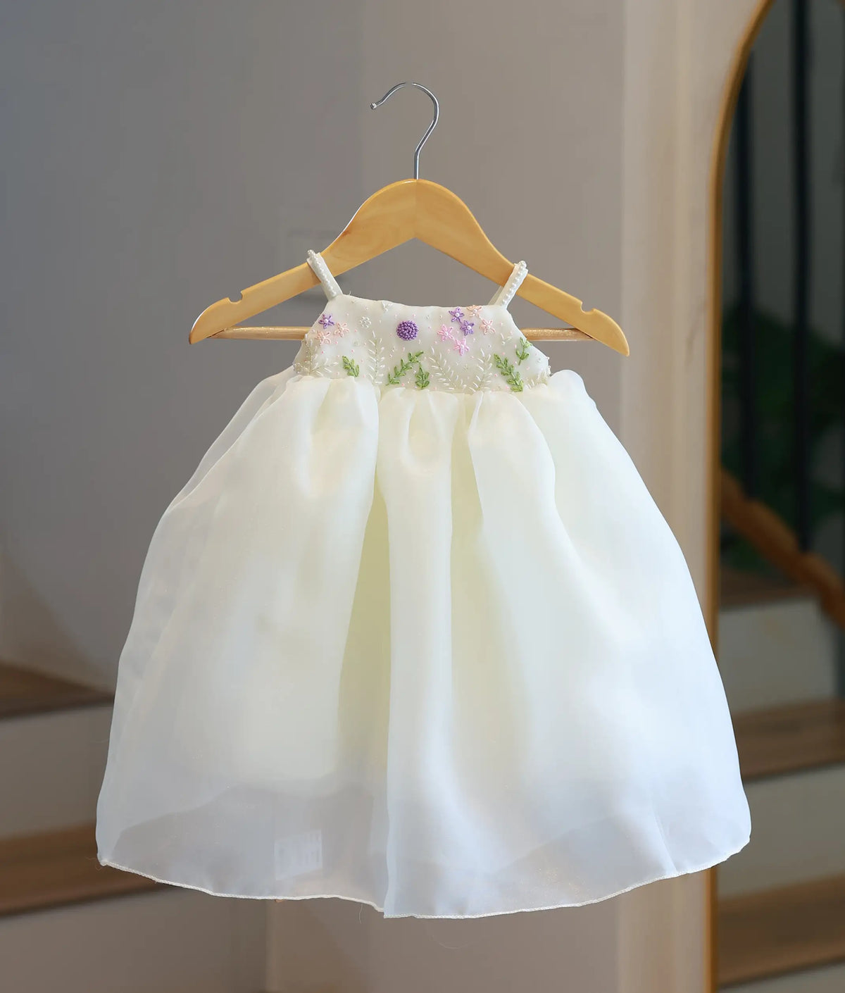 Off-White Plain Organza Handworked Baptism Gown For Baby Girl [6546]