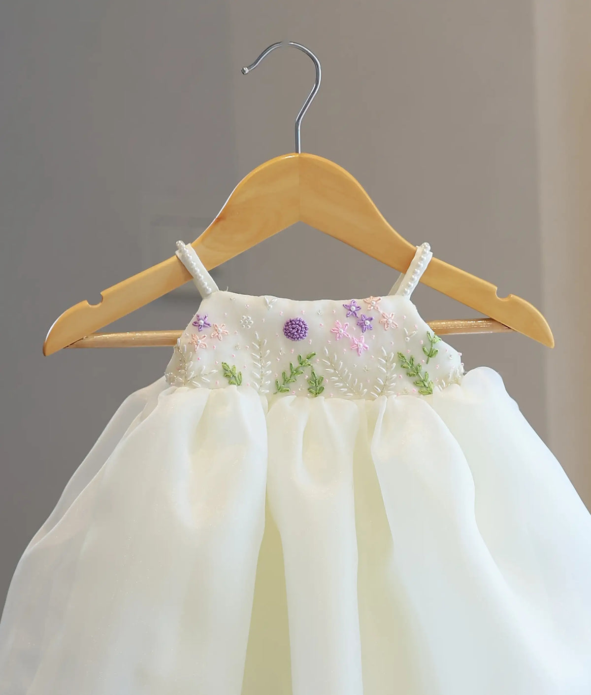 Off-White Plain Organza Handworked Baptism Gown For Baby Girl [6546]