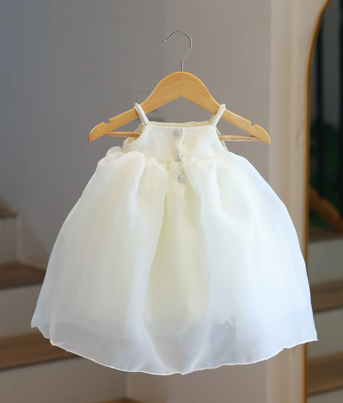 Off-White Plain Organza Handworked Baptism Gown For Baby Girl [6546]