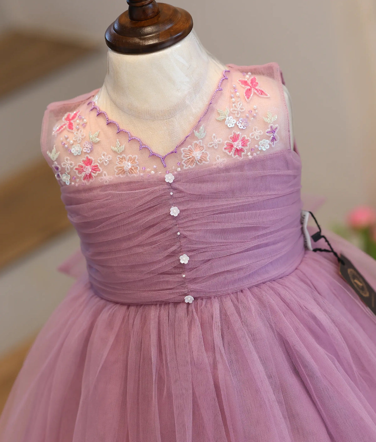 Mauve Tulle Net Handworked Birthday Frock for Baby Girl [6550]