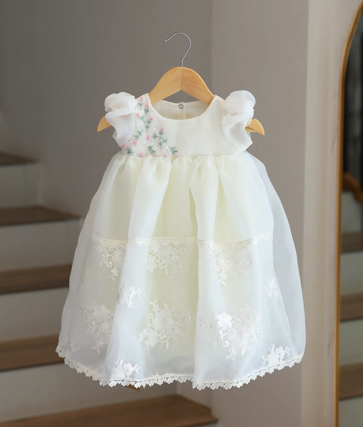 Off-White Plain Organza Embroidered Baptism Gown For Baby Girl [6551]