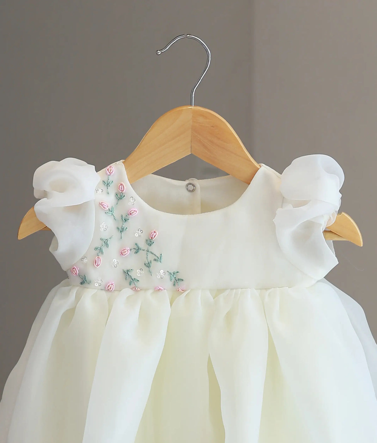 Off-White Plain Organza Embroidered Baptism Gown For Baby Girl [6551]