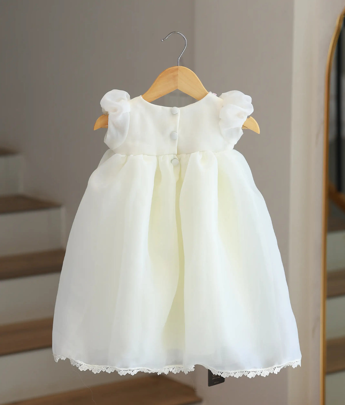 Off-White Plain Organza Embroidered Baptism Gown For Baby Girl [6551]