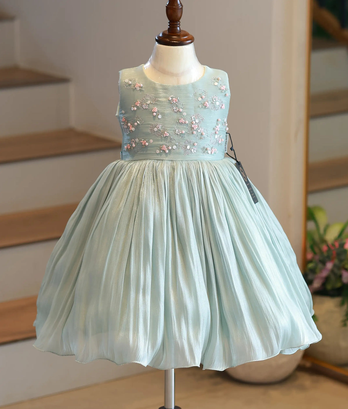 Mint Green Laser Organza Handworked Birthday Frock For Baby Girl [6552]