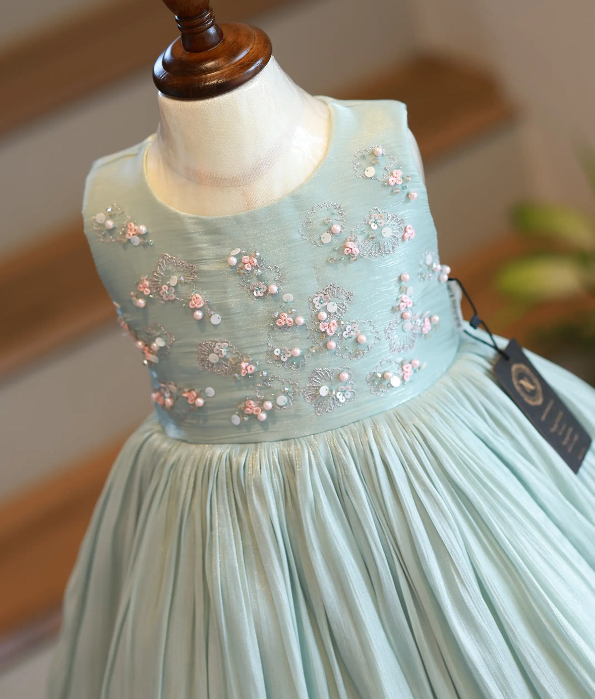 Mint Green Laser Organza Handworked Birthday Frock For Baby Girl [6552]