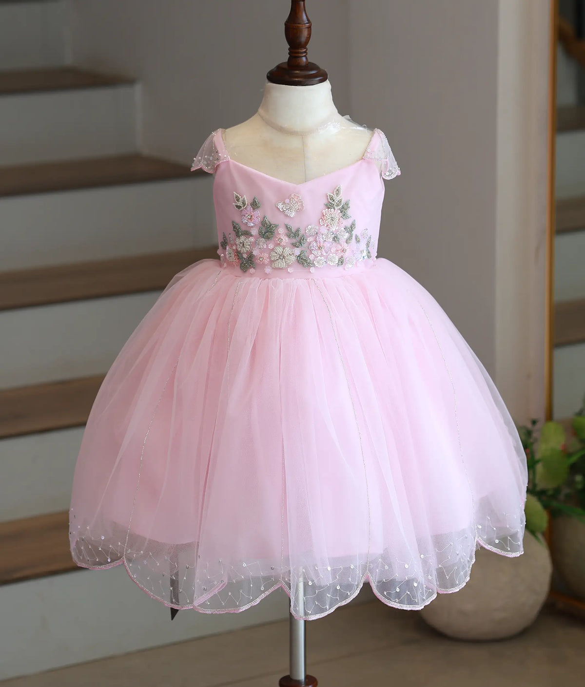 Baby Pink Tulle Net Handwork Birthday Frock for Baby Girl [6554]