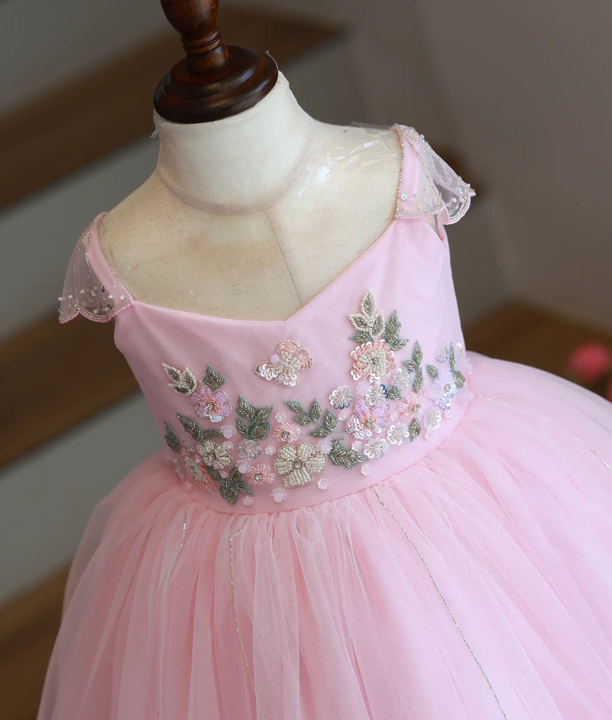 Baby Pink Tulle Net Handwork Birthday Frock for Baby Girl [6554]