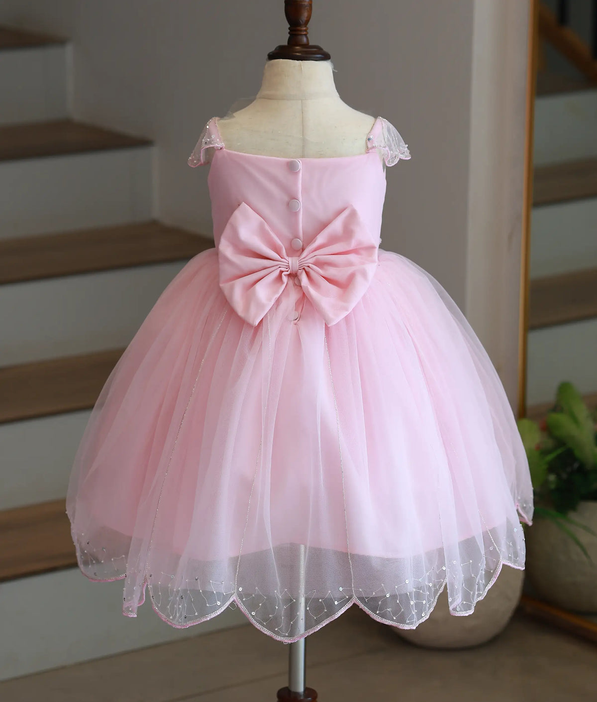 Baby Pink Tulle Net Handwork Birthday Frock for Baby Girl [6554]