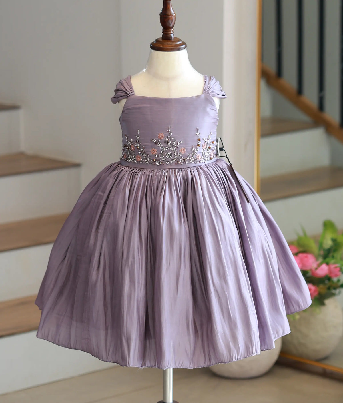 Dusty Purple Laser Organza Handworked Birthday Frock for Baby Girl [6555]