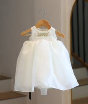 Off-White Plain Organza Embroidered Baptism Gown For Baby Girl [6558]