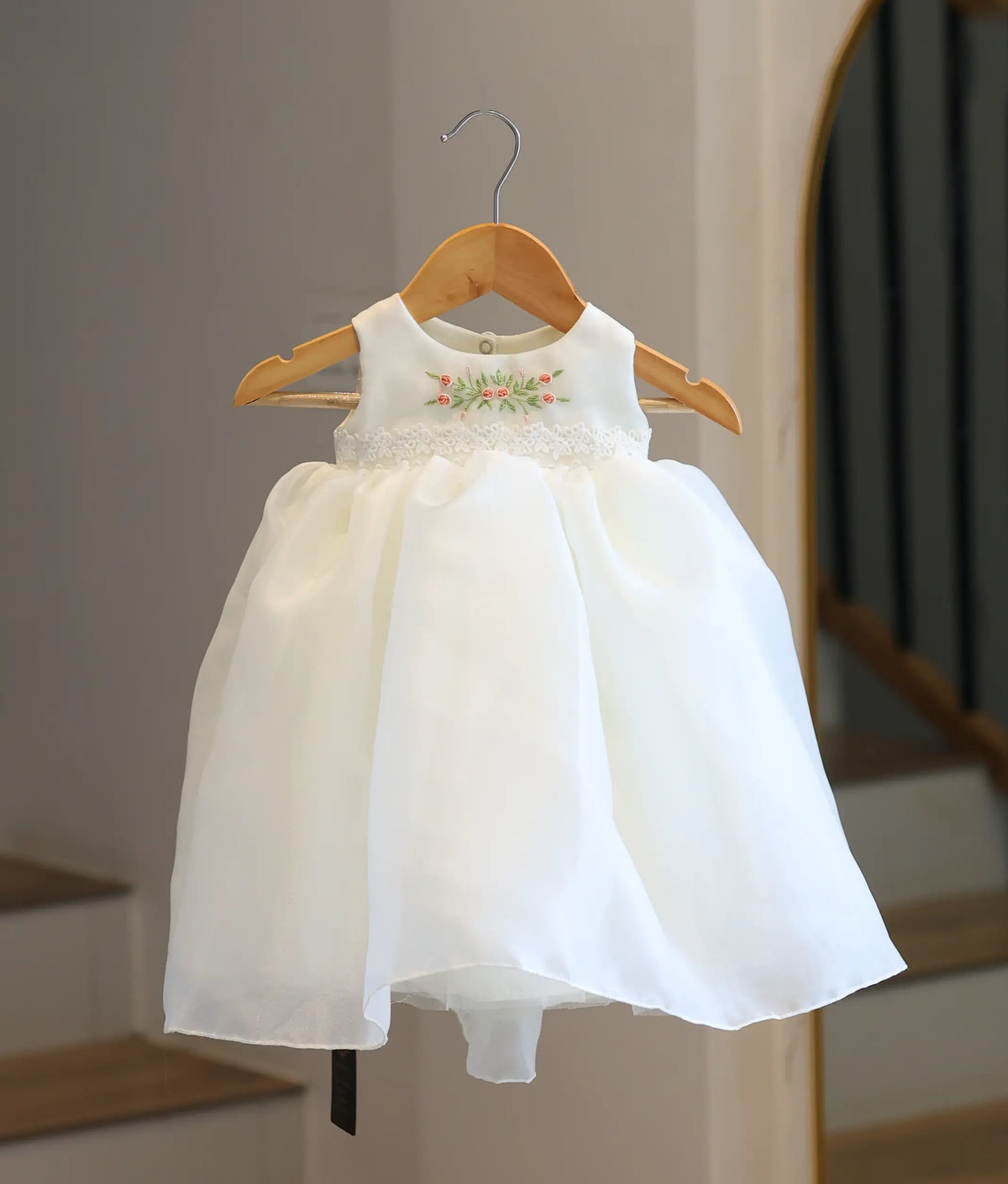 Off-White Plain Organza Embroidered Baptism Gown For Baby Girl [6558]