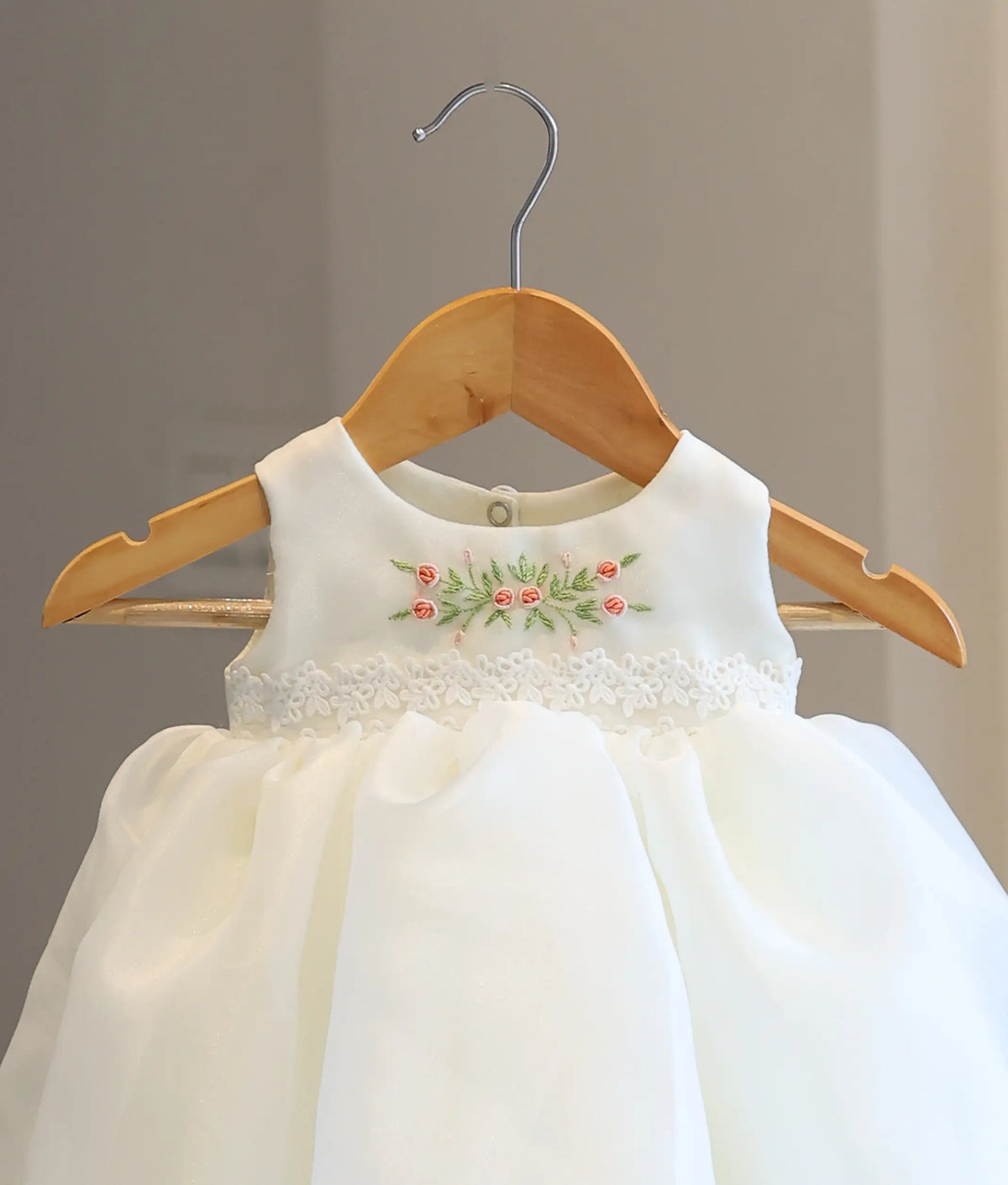 Off-White Plain Organza Embroidered Baptism Gown For Baby Girl [6558]
