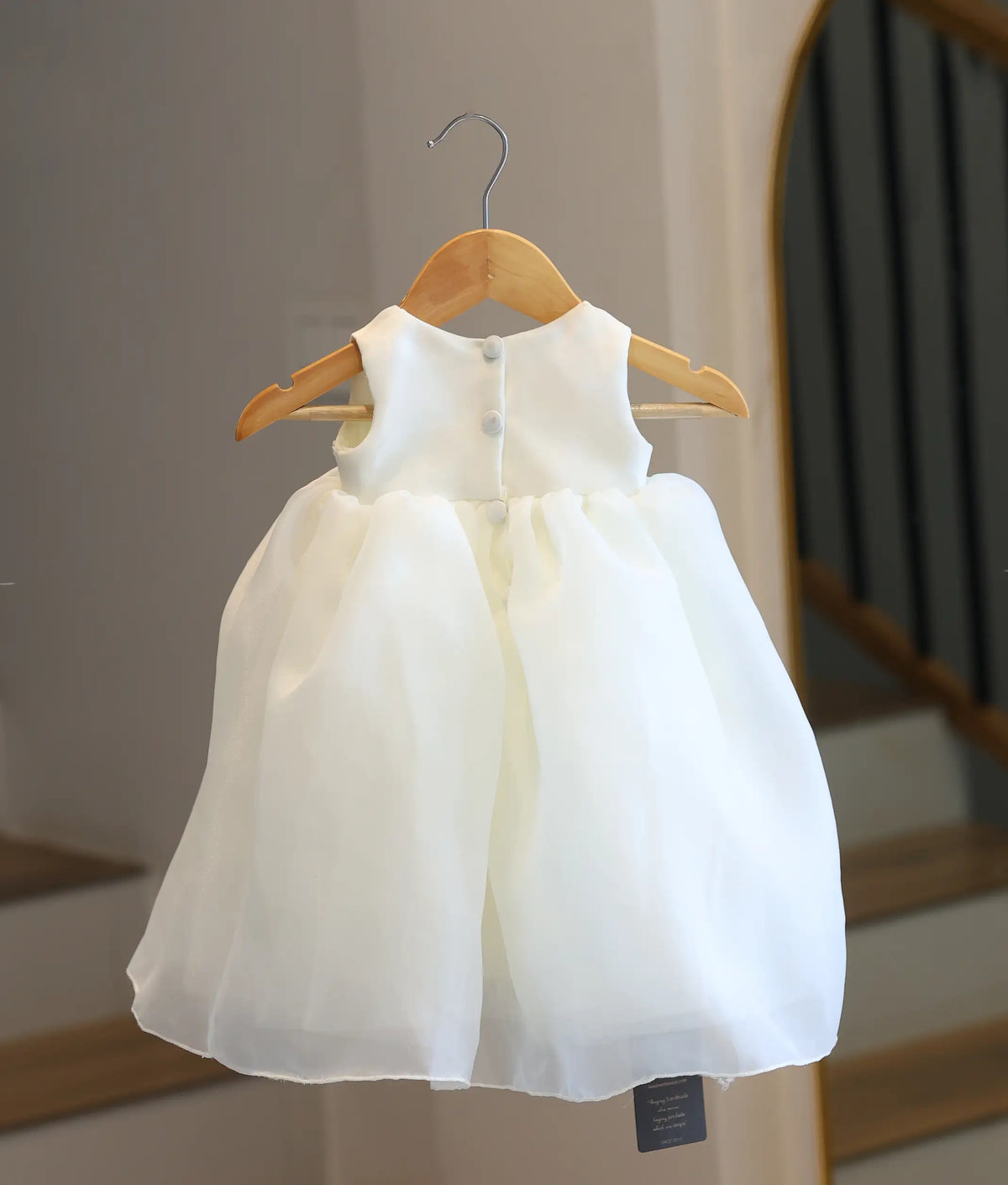 Off-White Plain Organza Embroidered Baptism Gown For Baby Girl [6558]
