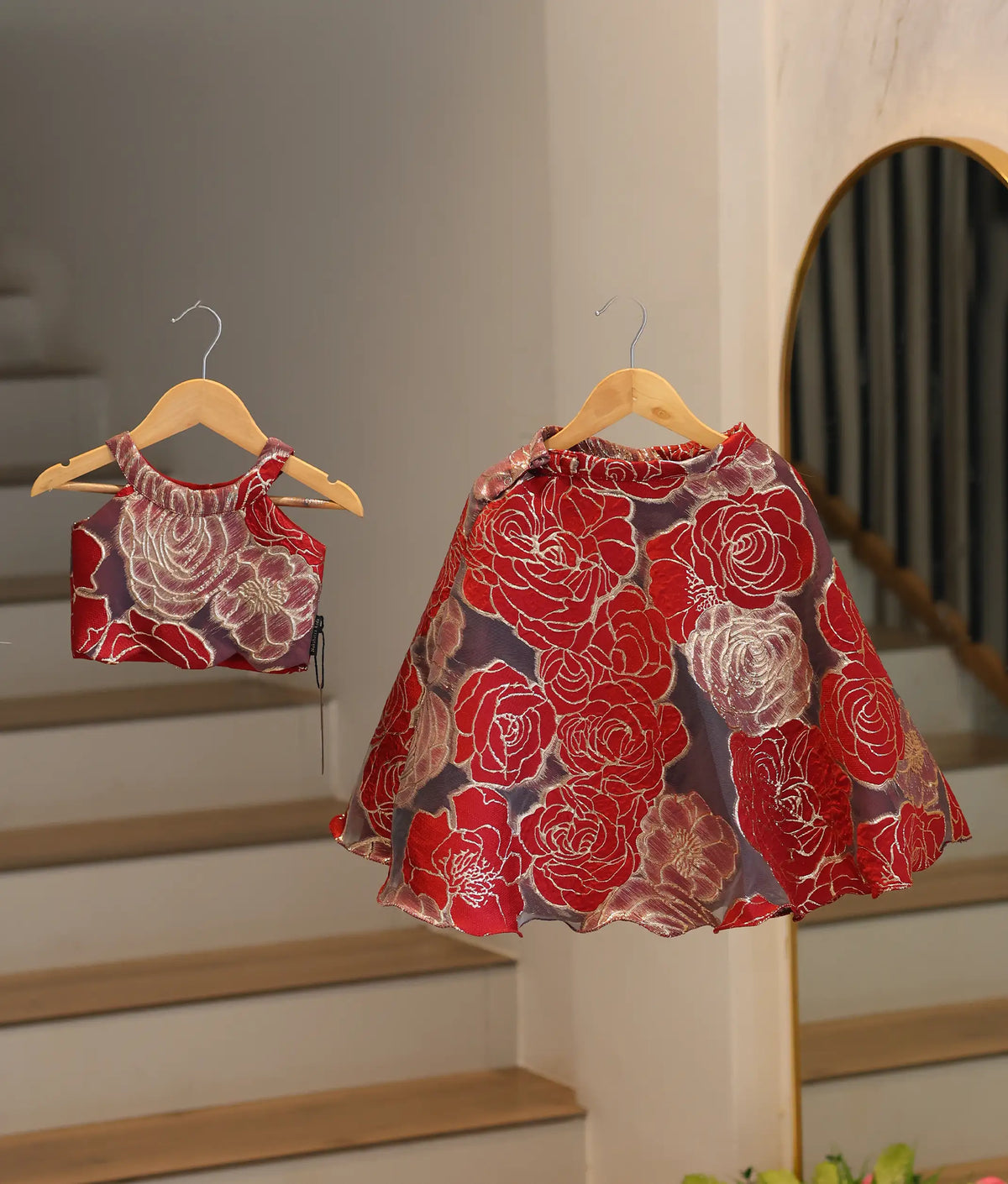 Red and Golden Floral Turkish Organza Skirt and Top for Baby Girl [6561]
