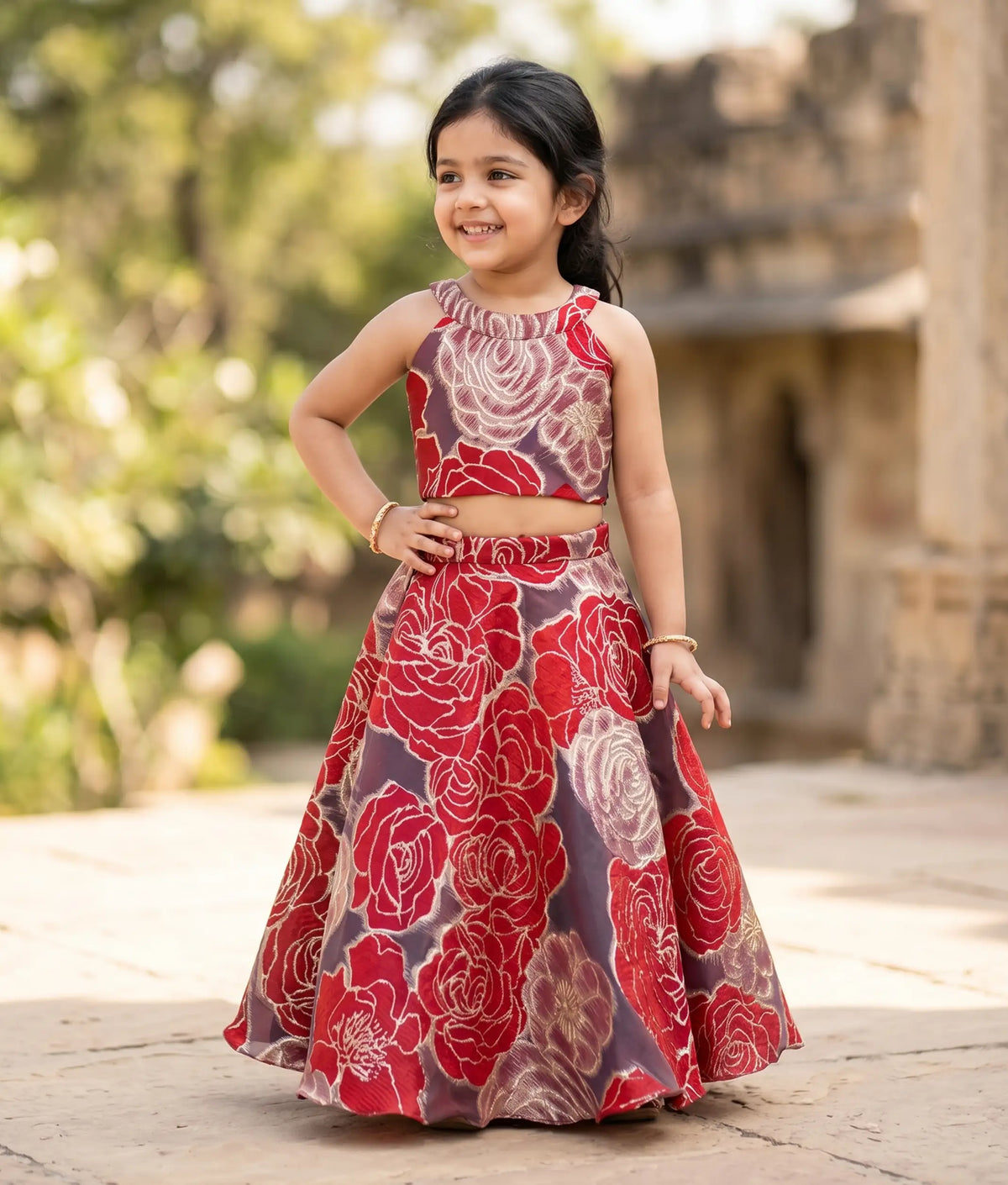 Red and Golden Floral Turkish Organza Skirt and Top for Baby Girl [6561]