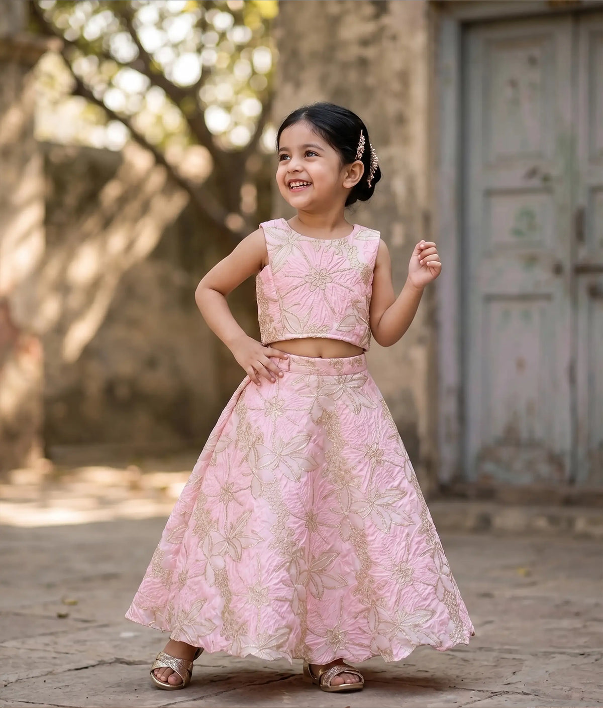 Pink Floral Turkish Organza Skirt and Top for Baby Girl [6564]