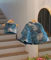 Teal Blue Floral Turkish Organza Skirt and Top for Baby Girl [6565]