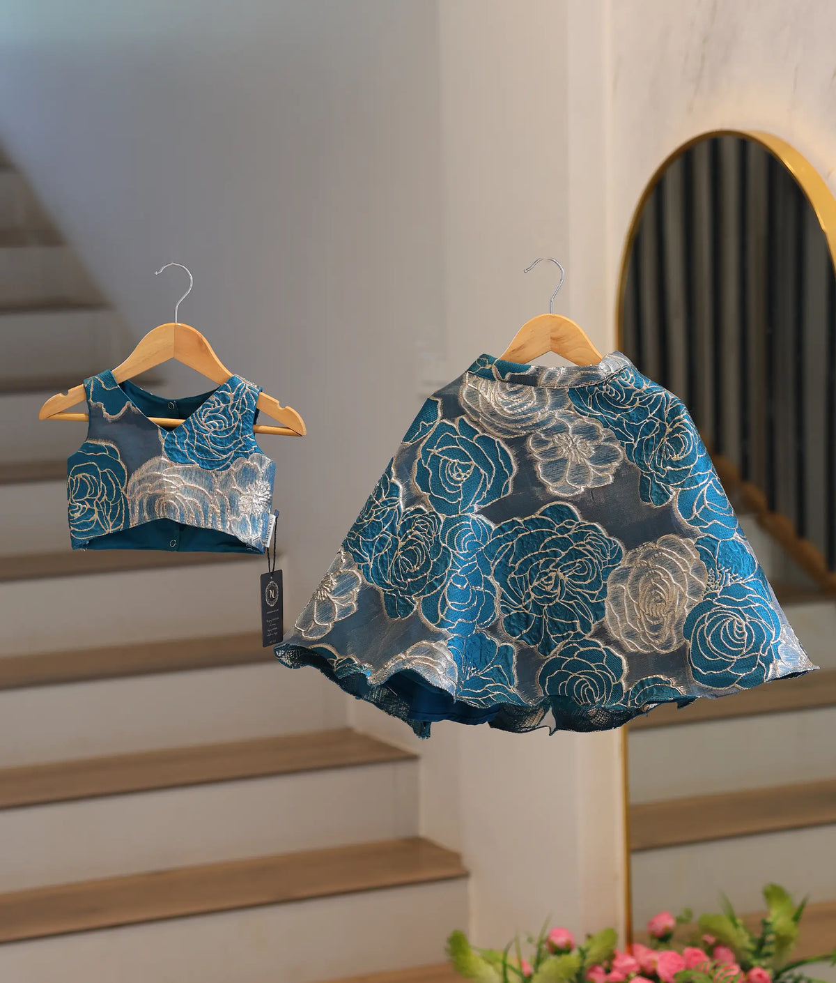 Teal Blue Floral Turkish Organza Skirt and Top for Baby Girl [6565]