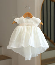 Off-White Laser Organza Handworked High-Low Baptism Frock For Baby Girl [6567]