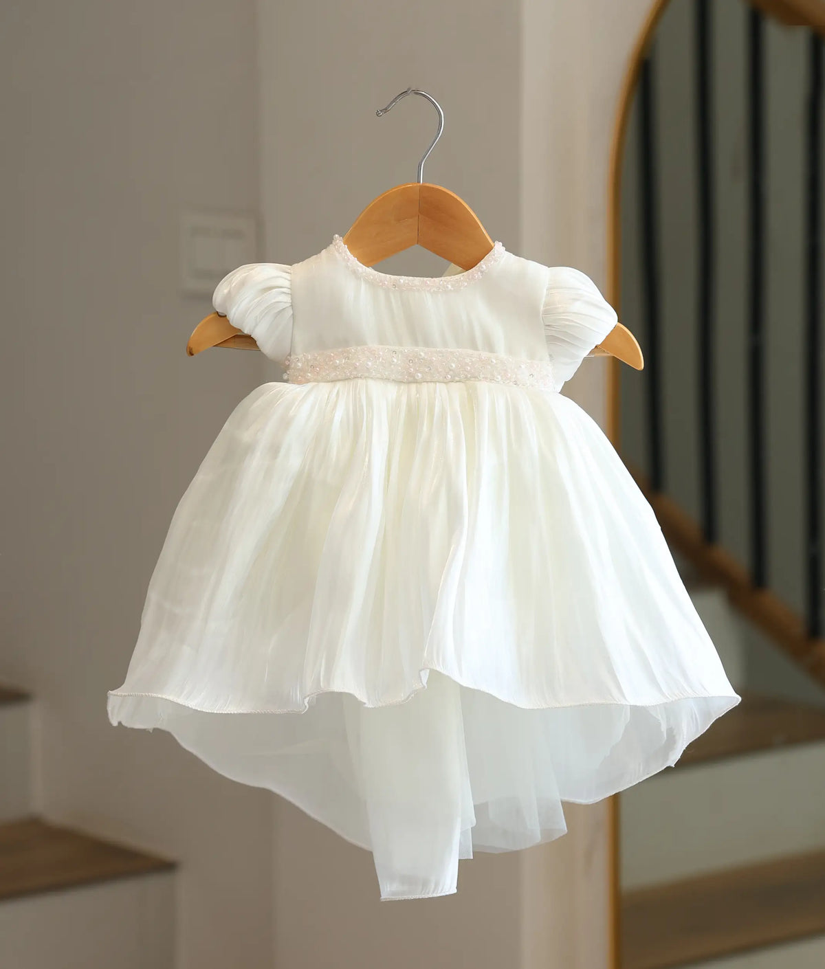 Off-White Laser Organza Handworked High-Low Baptism Frock For Baby Girl [6567]