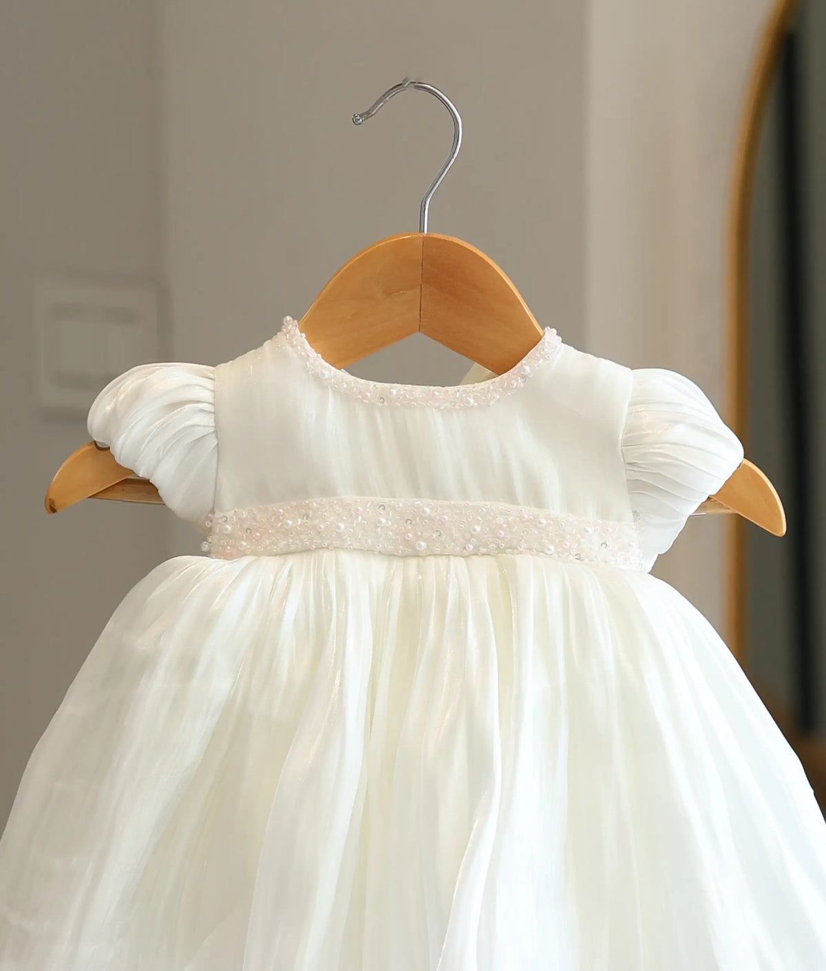 Off-White Laser Organza Handworked High-Low Baptism Frock For Baby Girl [6567]